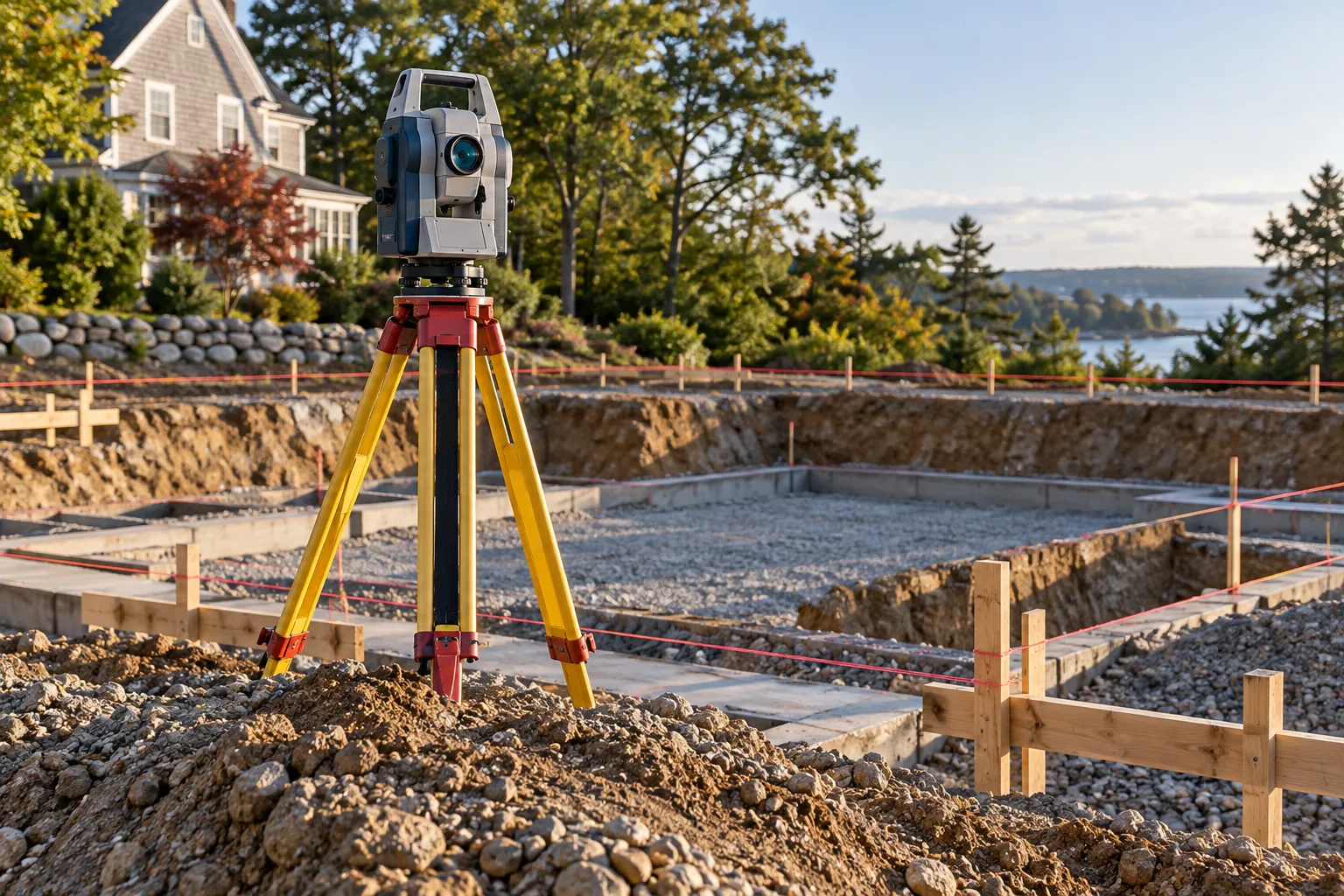 Illustration: surveying instrument and layout strings at a foundation