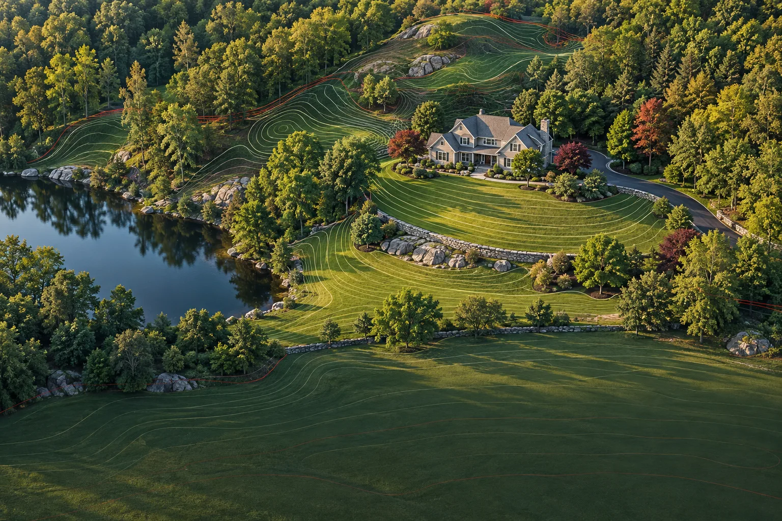 Illustration: land contours across a wooded residential property